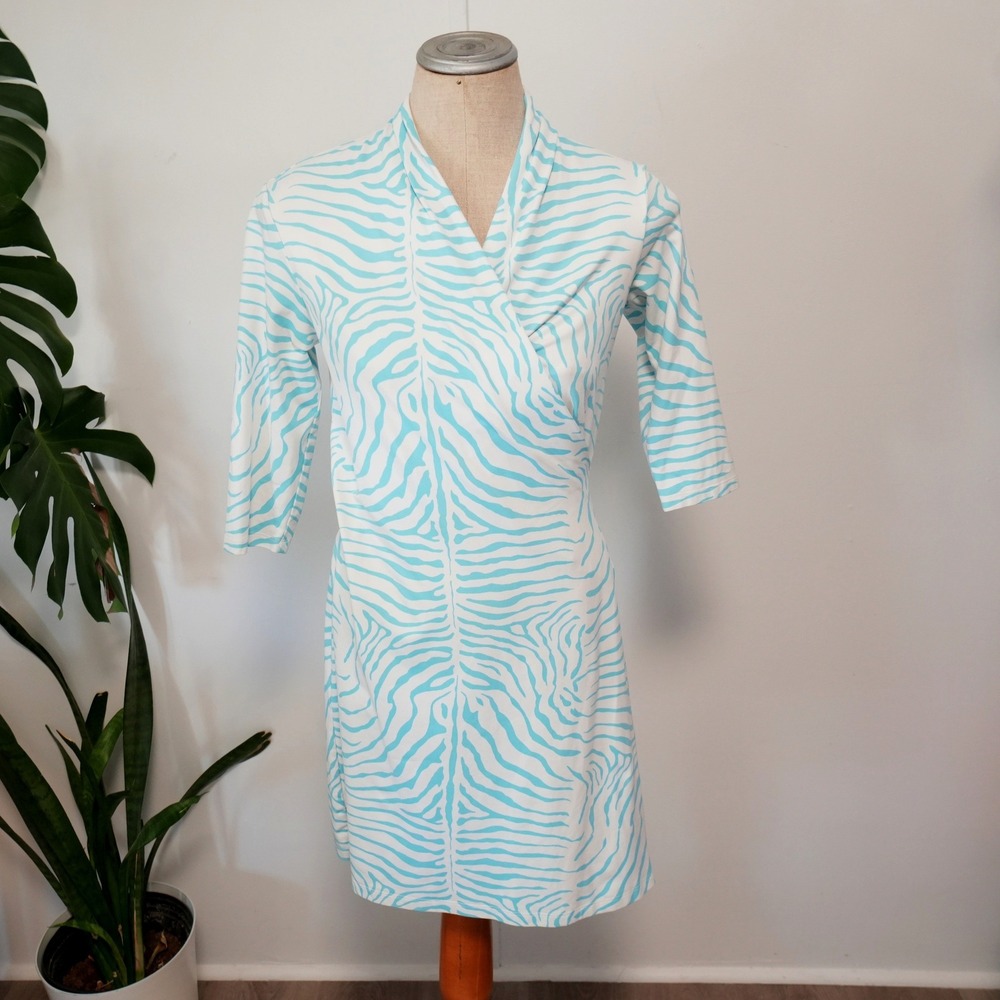 J. McLaughlin Zebra Faux Wrap Dress Womens XS Blue White 3/4 Sleeve Preppy Shift